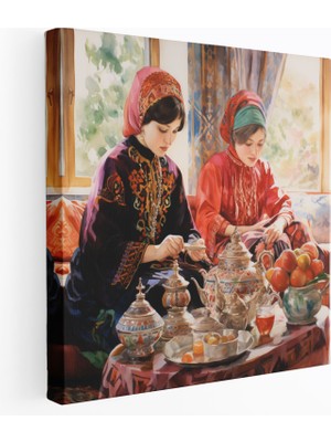 Popcas Yüksek Kaliteli Kanvas Tablo - Osmanlı Imparatorluğu Çay Seremonisi - Canlı Suluboya Tablo - Kanvas Duvar Sanatı