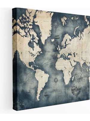 Popcas Lacivert Vintage Dünya Haritası Kanvas Tablo - Ev Dekorasyonu Duvar Dekorasyonu