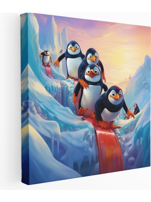 Popcas Penguenden Oluşan Oyunbaz Kaydırmalı Kanvas Tablo - Penguenden Oluşan Oyunbaz Kanvas Duvar Sanatı