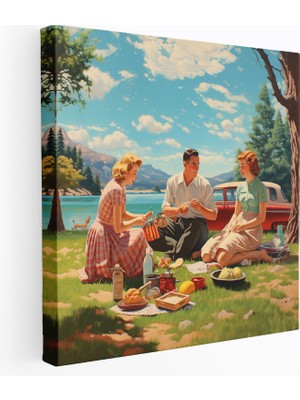 Popcas Nostaljik Retro Tarzı Illüstrasyonlu Kanvas Tablo - Aile Pikniği - Aile Pikniği Kanvas Duvar Sanatı