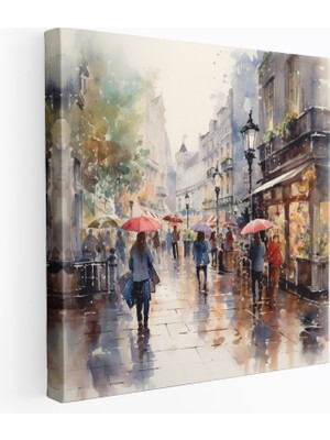 Popcas Yağmurlu Sokak Kanvas Tablo - Yağmur Kanvas Tablo Şemsiyeler Yağmurlu Sokak