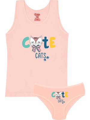 Öts Kız Çocuk Atlet Külot Likralı Somon Kedi (%96 Pamuk - %4 Elastan)