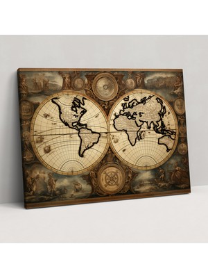 Popcas Antika Dünya Haritası Kanvas Tablo - Dünya Haritası Kanvas Duvar Sanatı Antik Oyma Duvar Sanatı