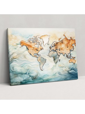 Popcas Sulu Boya Dünya Haritası Kanvas Tablo Baskısı - Dünya Haritası Duvar Dekorasyonu Kanvas Duvar Sanatı