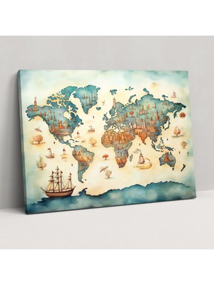 Popcas Masalsı Dünya Haritası Kanvas Tablo - Dünya Haritası Duvar Sanatı Kanvas Duvar Dekorasyonu