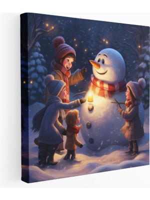 Popcas Kardan Adam Ailesi Kanvas Tablo - Kardan Adam Kış Dekorasyonu Kanvas Duvar Sanatı