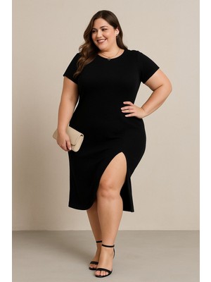 Hynova Kadın Büyük Beden Kısa Kollu Yanı Yırtmaçlı Bisiklet Yaka Viskon Elbise