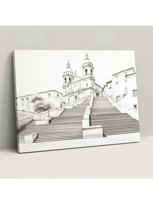 Popcas Roma Kanvas Tablo - Ispanyol Merdivenleri Minimalist Çizim - Roma Minimalist Çizim Duvar Sanatı