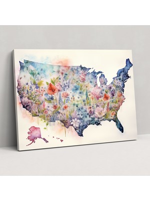 Popcas Sanatsal Amerika Birleşik Devletleri Haritası Kanvas Tablosu - Amerika Birleşik Devletleri Haritası Duvar Dekorasyonu Güzellik Sanatsal Suluboya Harita