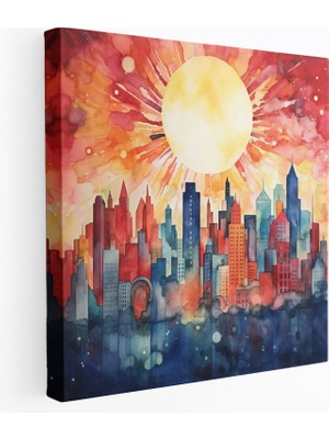 Popcas Şafak Duvar Dekorasyonu - Soyut Şehir Manzarası Kanvas Tablo - Şafak Soyut Resim Kent Suluboya
