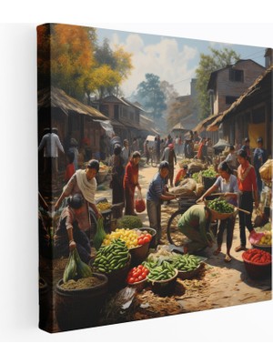 Popcas Canlı Köy Manzara Kanvas Tablo - Köy Duvar Sanatı Ev Dekorasyonu