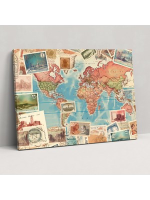 Popcas Vintage Seyahat Damgaları Dünya Haritası Duvar Sanatı - Dünya Haritası Kanvas Tablo Duvar Dekorasyonu