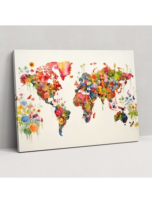 Popcas Dünya Haritası Kanvas Tablo - Duvar Dekorasyonu Suluboya Tablo