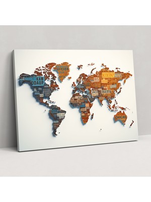 Popcas Tipografik Dünya Haritası Duvar Sanatı - Dünya Haritası Gezgin Ruhu Kanvas Duvar Dekorasyonu