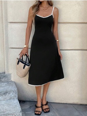 Hynova Kadın Ip Askılı Geniş V Yakalı Midi Janjan Krep Elbise