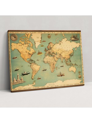 Popcas Vintage Dünya Haritası Duvar Dekorasyonu - Vintage Seyahat Poster Kanvas Tablo
