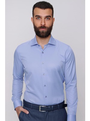 Efor Erkek Slim Fit Pamuklu Saten Klasik Mavi Gömlek Gk 604