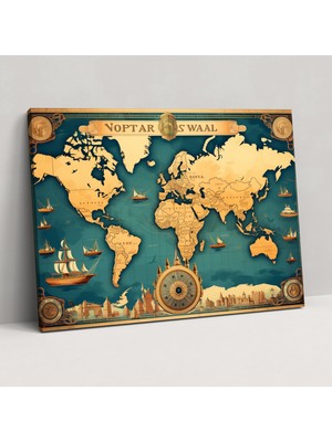 Popcas Antika Dünya Haritası Kanvas Tablo - Dünya Haritası Duvar Dekorasyonu Seyahat Poster Keşiflerin Altın Çağı