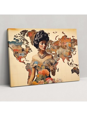 Popcas Duvar Dekorasyonu - Dünya Haritası Kolaj Kanvas Tablo - Duvar Dekorasyonu Ev Dekorasyonu