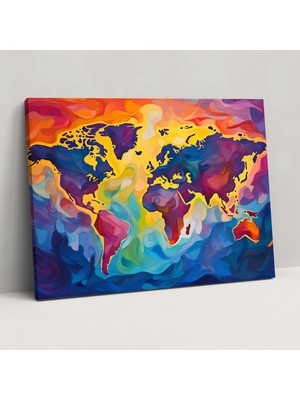 Popcas Dünya Haritası Duvar Sanatı - Renkli Soyut - Ev Dekorasyonu Kanvas Dünya Haritası