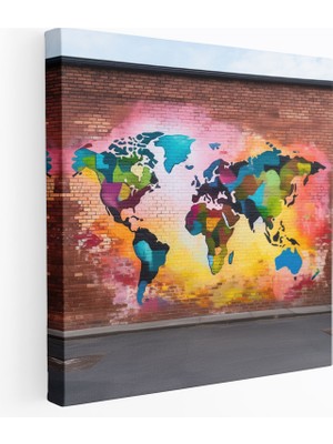 Popcas Kentsel Dünya Haritası Duvar Resmi - Dünya Haritası Kanvas Duvar Sanatı Kanvas Tablo Tuğla Duvar
