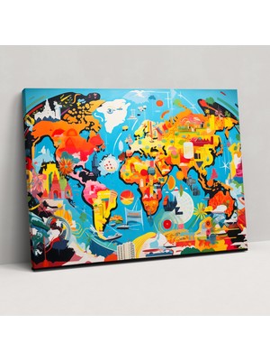 Popcas Pop Art Dünya Haritası Duvar Sanatı – Dünya Haritası Duvar Dekorasyonu Ikonik Semboller Duvar Sanatı