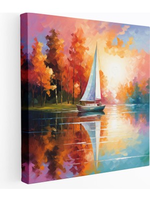 Popcas Huzurlu Göl Yelkenli Kanvas Tablo - Yelkenli Ev Dekorasyonu Duvar Sanatı