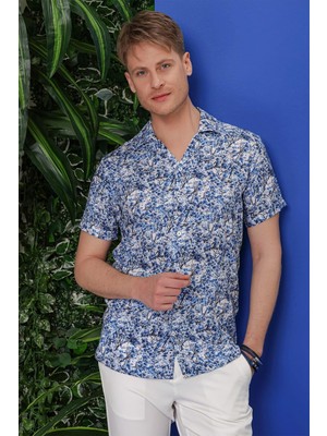Efor Erkek G 1538 Slim Fit Lacivert-Beyaz Klasik Gömlek