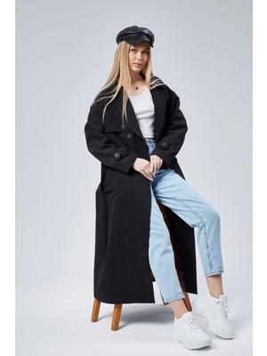 Bolivente Siyah Oversize Kadın Trençkot Rüzgarlık Detaylı Gömlek Yaka Polyester Desenli Tasarım