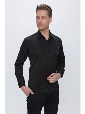 Slim Fit Pamuk Saten Klasik Siyah Gömlek  Gk 624