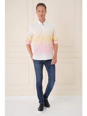 Comfort Fit Degrade Desen Apoletli %100 Keten Pembe Gömlek G 1572