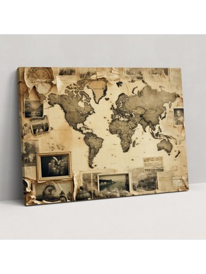 Popcas Antika Dünya Haritası Duvar Dekorasyonu - Vintage Fotoğraflar ile Kanvas Tablo