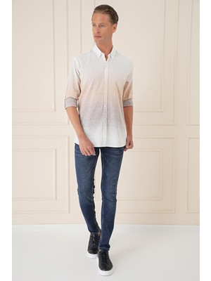 Comfort Fit Degrade Desen Apoletli %100 Keten Bej Gömlek G 1572