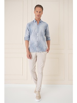 Comfort Fit Batik Desen %100 Keten Mavi Gömlek G 1571