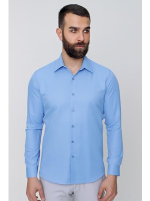 Efor Slim Fit Pamuk Saten Klasik Mavi Gömlek  Gk 624