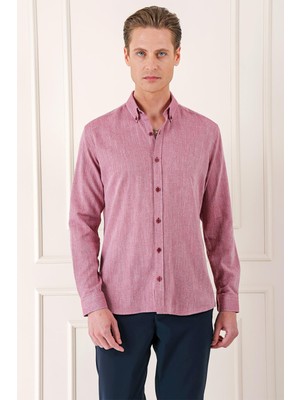 Efor Erkek Slim Fit Düğmeli Yaka %100 Pamuk Bordo Gömlek Gk 723