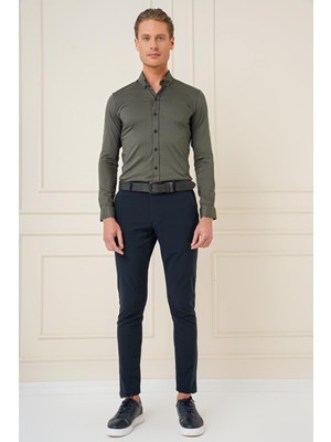 Efor Erkek Slim Fit Düğmeli Yaka Esnek Pamuklu Klasik Haki Gömlek Gk 727