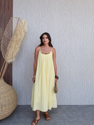 Örgü Askılı Göğüs Taşlı Midi Elbise