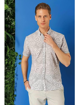 Slim Fit Düğmeli Yaka Desenli Kısa Kol Pamuk Gri Gömlek G 1503
