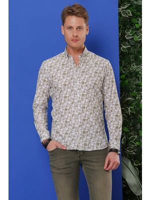 Efor Erkek Slim Fit %100 Pamuk Çiçek Desenli Düğmeli Yaka Haki Gömlek G 1542