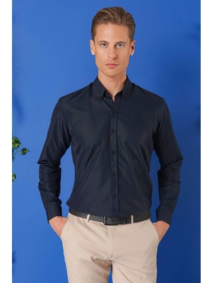 Slim Fit Düğmeli Yaka Pamuklu Klasik Lacivert Gömlek Gk 715