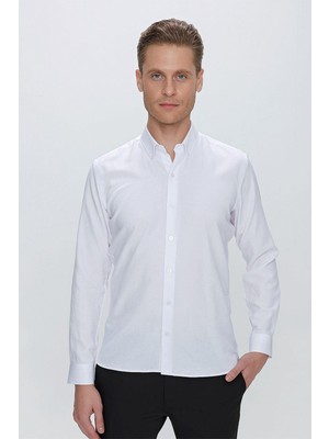 Efor Erkek Slim Fit Yaka Zincirli ve Düğmeli Pamuklu Beyaz Gömlek GK 664