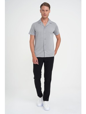 Efor Erkek Slim Fit Apaş Yaka Modal Karışımlı Kısa Kollu Gri Gömlek G 1590