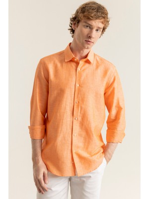 Erkek Turuncu Keten Cepsiz Modern Fit Gömlek