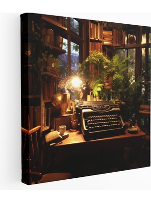 Popcas Vintage Daktilo Kütüphane Kanvas Tablo - Retro Duvar Dekorasyonu Sıcak Kütüphane Nostaljik