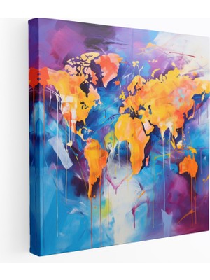 Popcas Renkli Soyut Dünya Haritası Kanvas Tablo - Dünya Haritası Kanvas Tablo Ev Dekorasyonu Dinamik Fırça Darbeleri
