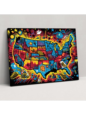 Popcas Abd Haritası Duvar Dekorasyonu - Amerika Birleşik Devletleri Haritası Pop Sanat Tarzı Duvar Sanatı Renkli