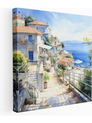 Popcas Kıyı Köyü Kanvas Tablo - Sahil Suluboya Duvar Sanatı - Köy Ev Dekorasyonu Sahil Yaşamı Duvar Dekorasyonu