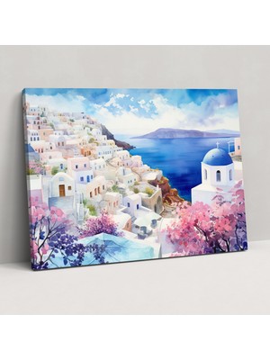 Popcas Santorini Manzara Kanvas Tablo - Suluboya Köy Duvar Dekorasyonu