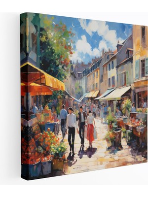 Popcas Köy Pazarı Manzara Yağlı Boya Kanvas Tablo - Köy Izlenimci Duvar Dekorasyonu Yağlı Boya